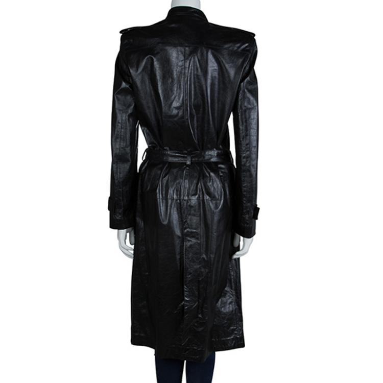 Pre Owned Gucci Black Leather Long Belted Overcoat M