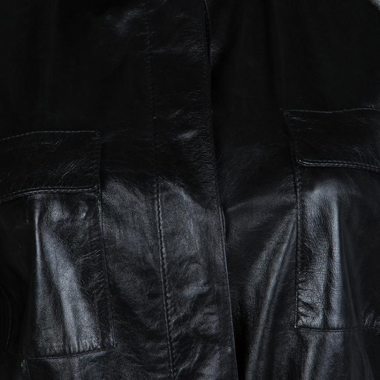 Pre Owned Gucci Black Leather Long Belted Overcoat M
