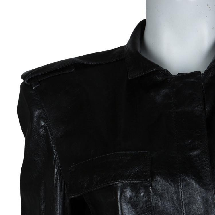 Pre Owned Gucci Black Leather Long Belted Overcoat M