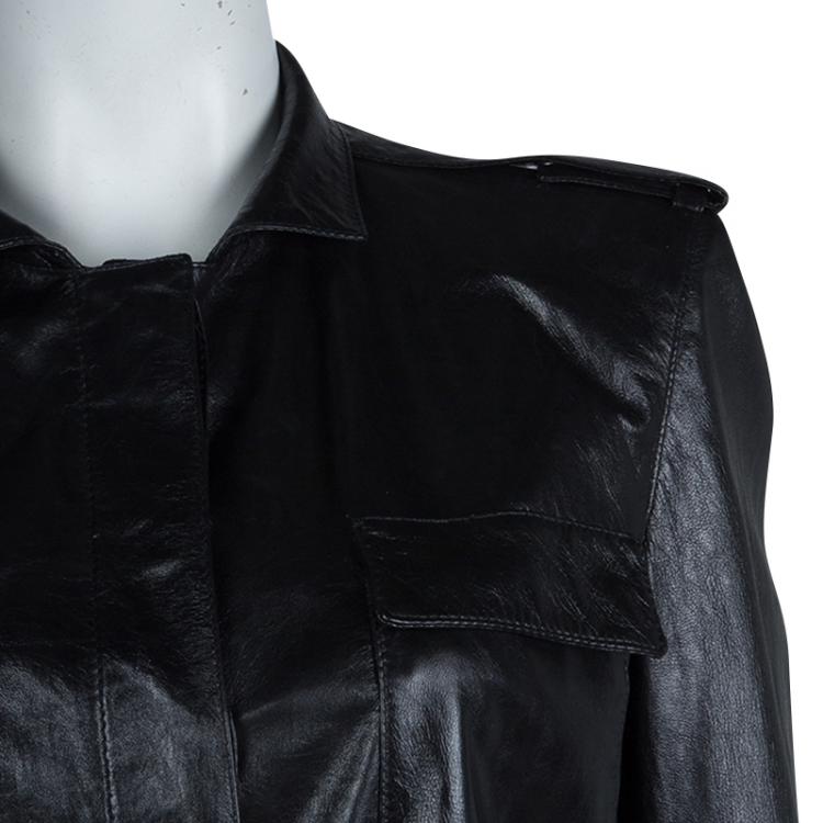 Pre Owned Gucci Black Leather Long Belted Overcoat M