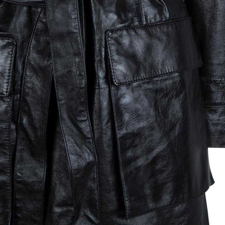 Pre Owned Gucci Black Leather Long Belted Overcoat M