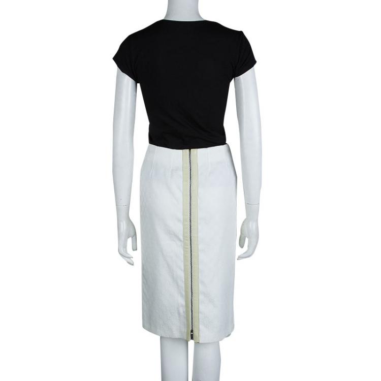Pre Owned Gucci White Monogrammed Zip Detail Pencil Skirt S