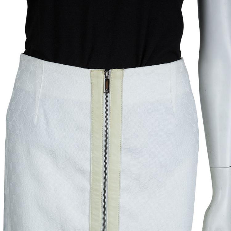 Pre Owned Gucci White Monogrammed Zip Detail Pencil Skirt S