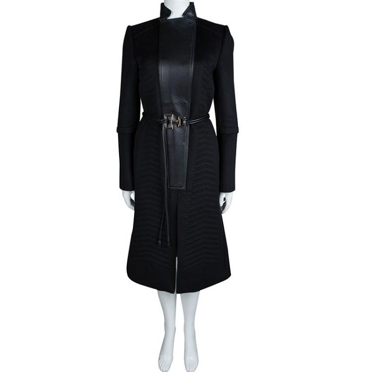 Pre Owned Gucci Black Quilted Wool Leather Trim Belted Overcoat M