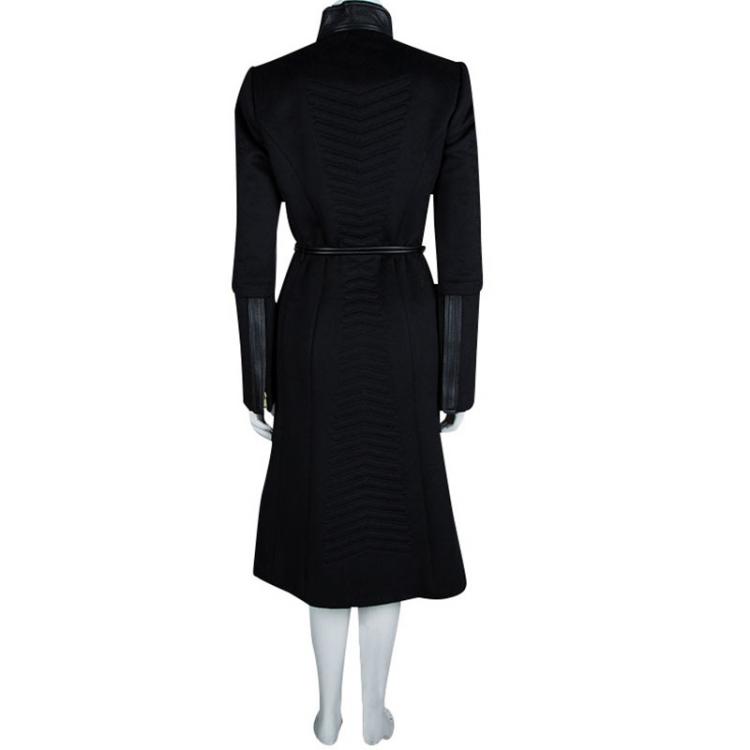 Pre Owned Gucci Black Quilted Wool Leather Trim Belted Overcoat M