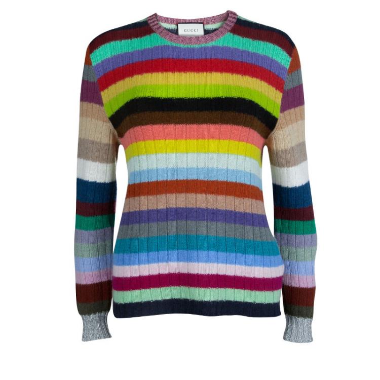Cas Lady Womens Cashmere Knitted Crew-Neck Pullover Sweater Coloured Striped Sweater 
