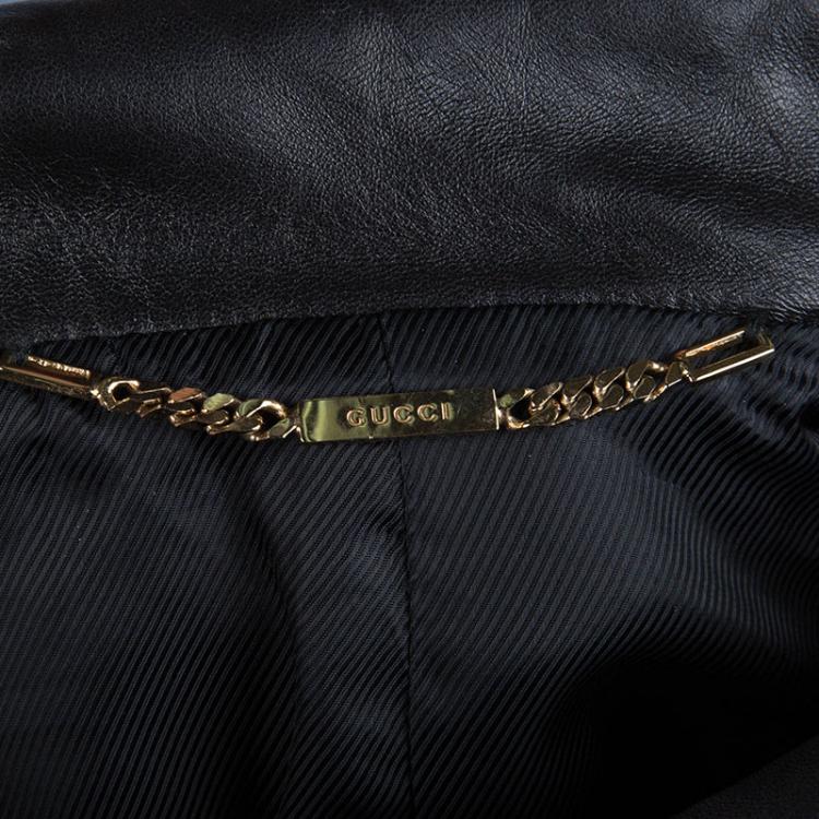 Pre Owned Gucci Black Leather Collar Detail Wool Jacket M
