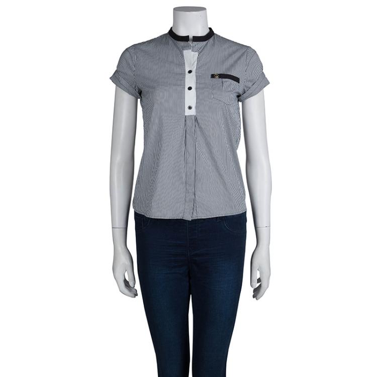 Pre Owned Gucci Monochrome Striped Short Sleeve Top S
