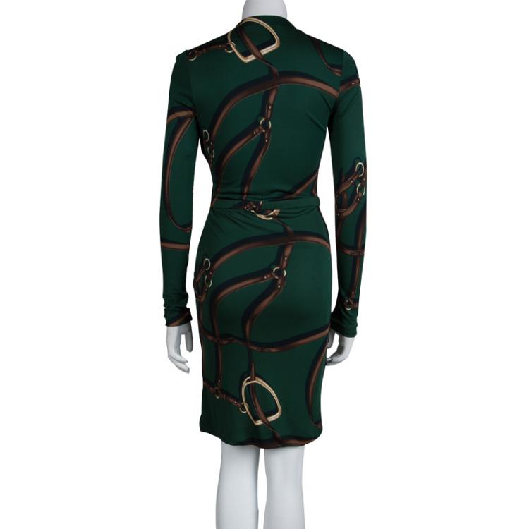 Pre Owned Gucci Bottle Green Printed Knit Draped Long Sleeve Dress XS