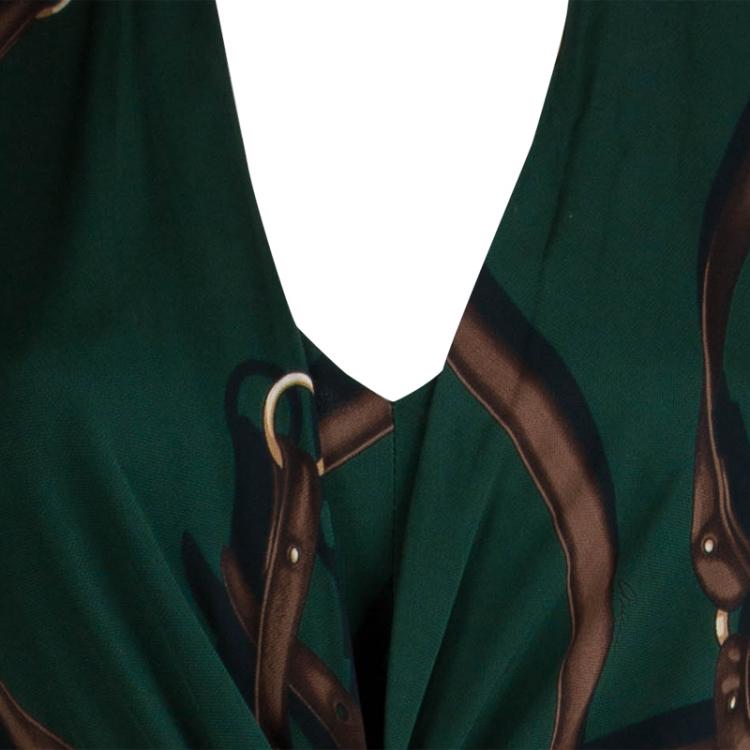 Pre Owned Gucci Bottle Green Printed Knit Draped Long Sleeve Dress XS