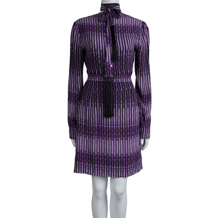 Pre Owned Gucci Purple Printed Silk Tassel Neck Tie Detail Belted Dress M