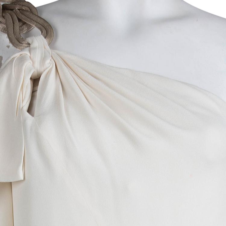 Pre Owned Gucci Cream Silk Chain Detail One Shoulder Top M