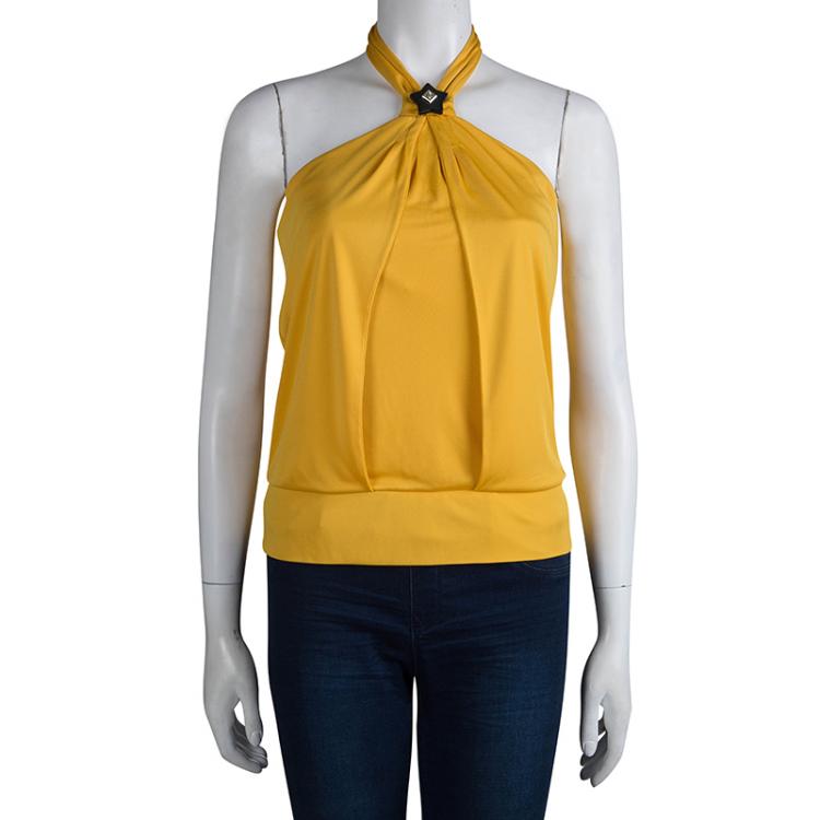 Pre Owned Gucci Yellow Knit Cropped Halter Top S