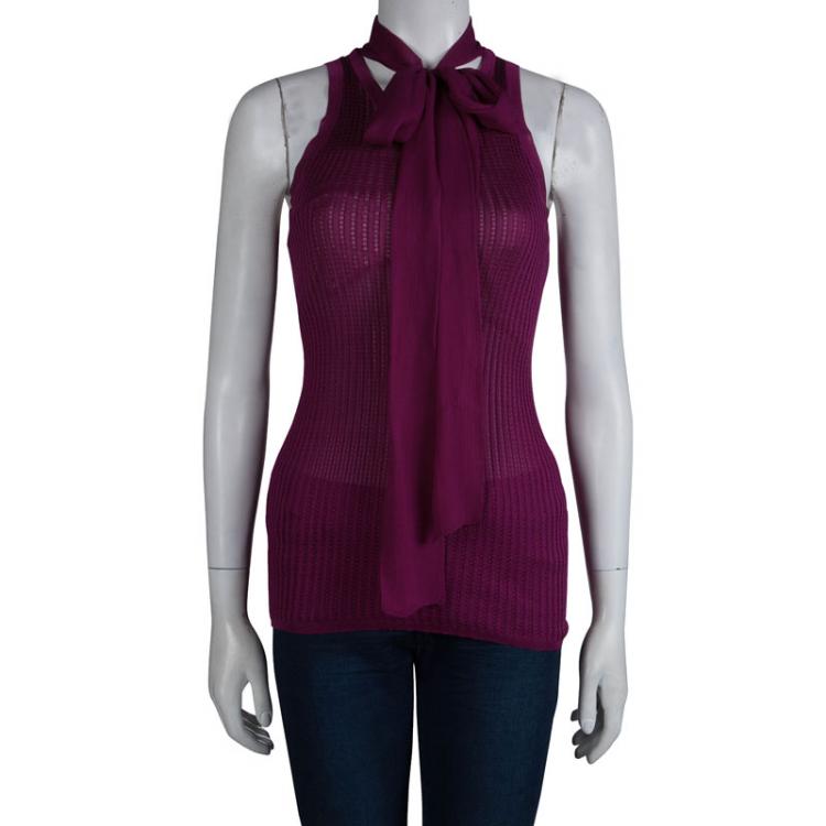 Pre Owned Gucci Purple Rib Knit Neck Tie Detail Sleeveless Top L