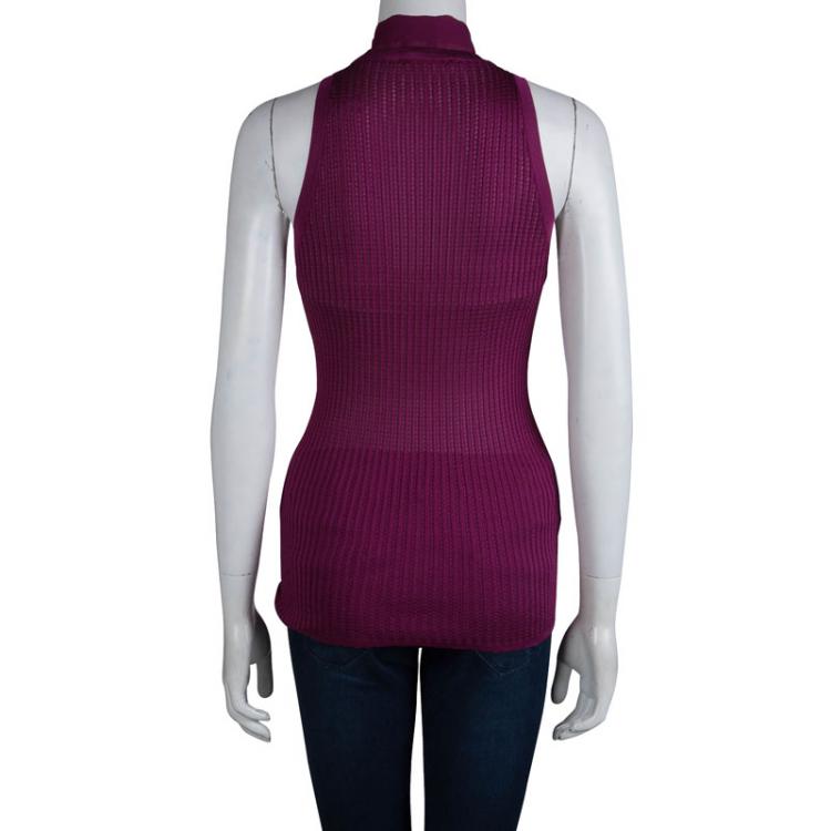 Pre Owned Gucci Purple Rib Knit Neck Tie Detail Sleeveless Top L