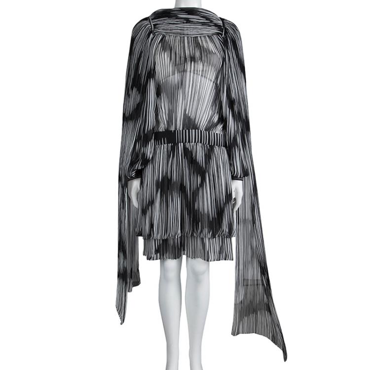 Pre Owned Gucci Monochrome Plisse Silk Tie Detail Long Sleeve Dress S