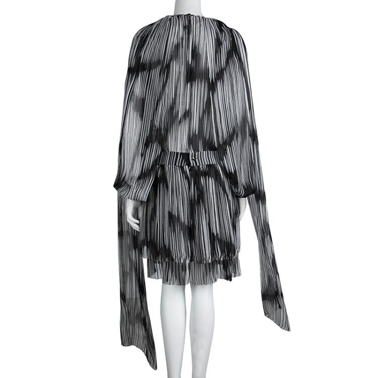 Pre Owned Gucci Monochrome Plisse Silk Tie Detail Long Sleeve Dress S
