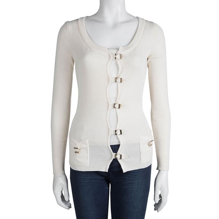 Pre Owned Gucci Cream Wool Buckle Detail Long Sleeve Cardigan M
