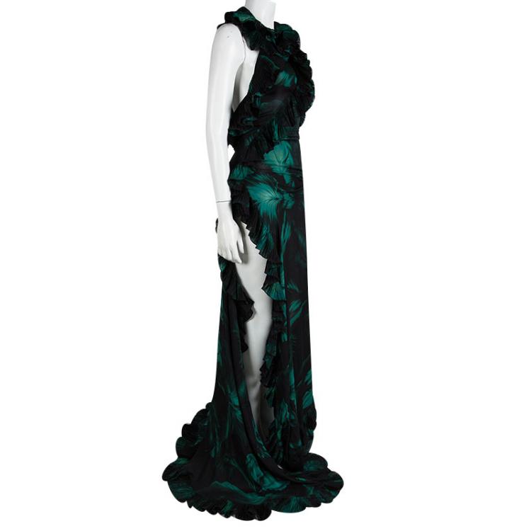 Pre Owned Gucci Green Printed Silk Ruffle Detail Backless Maxi Dress XS