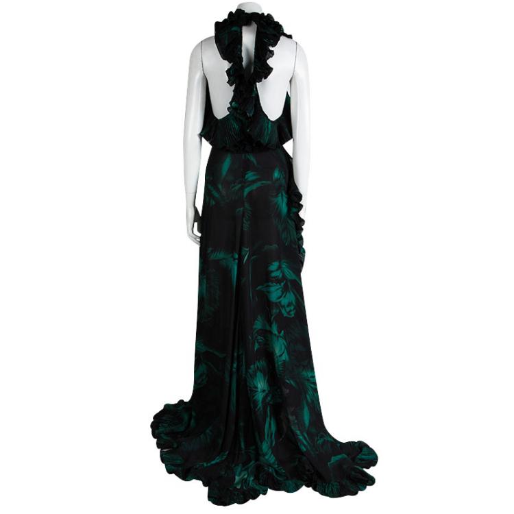 Pre Owned Gucci Green Printed Silk Ruffle Detail Backless Maxi Dress XS