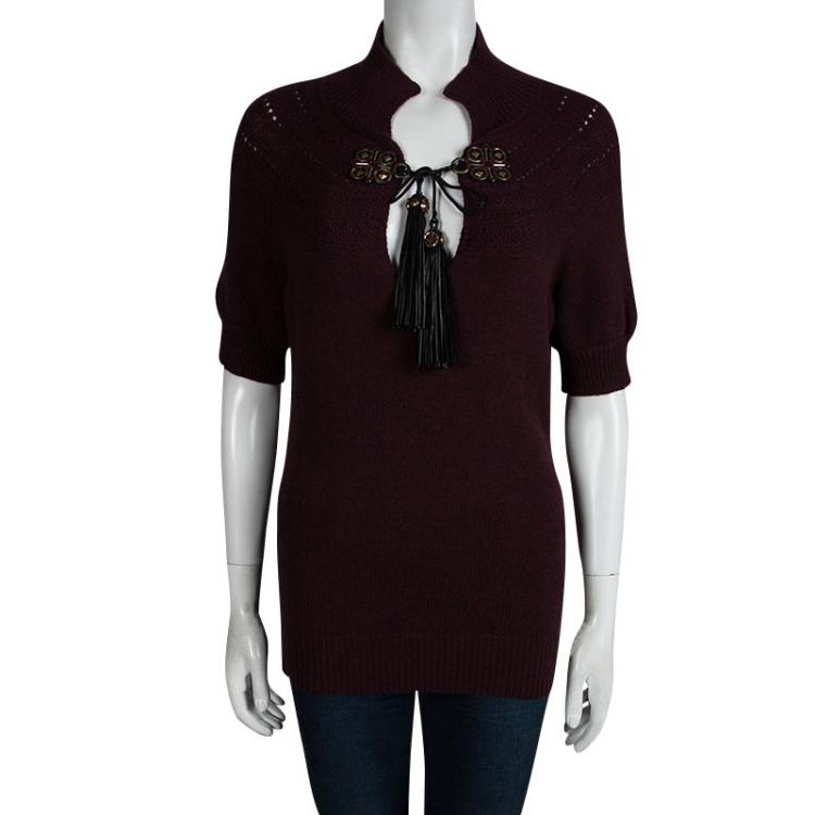 Pre Owned Gucci Burgundy Knit Tassel Detail Short Sleeve Sweater XL