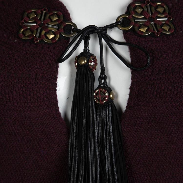 Pre Owned Gucci Burgundy Knit Tassel Detail Short Sleeve Sweater XL