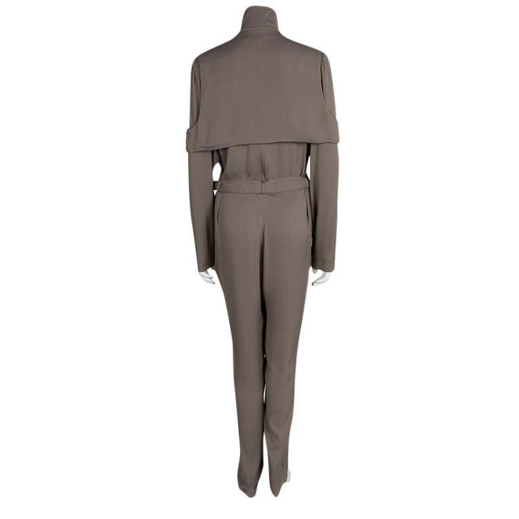 Pre Owned Gucci Brown Silk Belted Long Sleeve Jumpsuit M