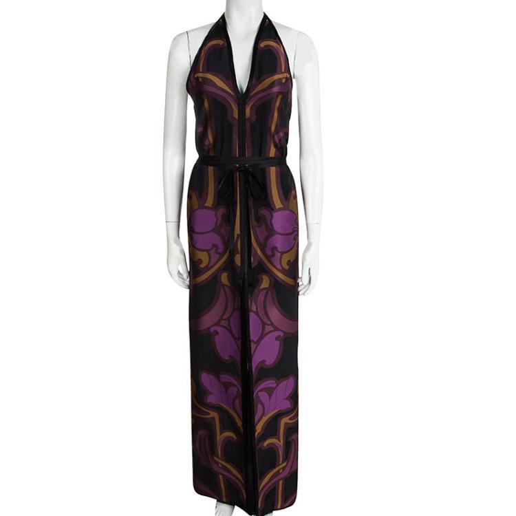 Pre Owned Gucci Multicolor Patterned Jacquard Belted Halter Maxi Dress S