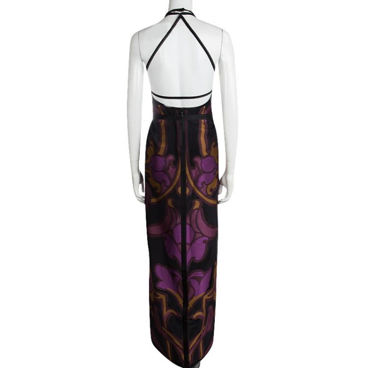 Pre Owned Gucci Multicolor Patterned Jacquard Belted Halter Maxi Dress S