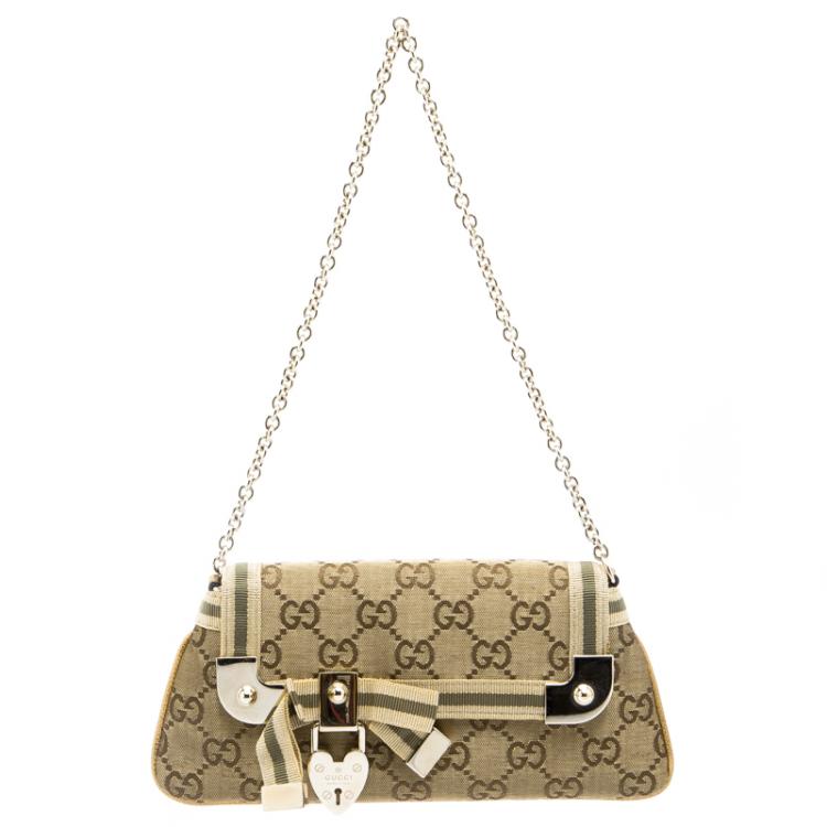 Gucci GG Monogram Canvas Brown Leather Gold Chain Pochette Clutch Shoulder  Bag