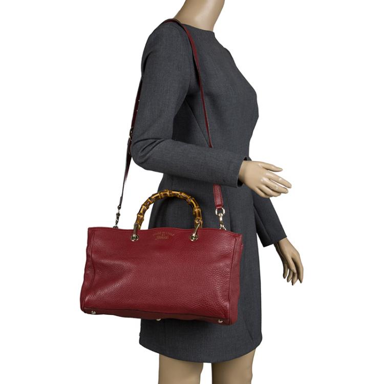 Pre Owned Gucci Red Leather Bamboo Top Handle Shopper Tote