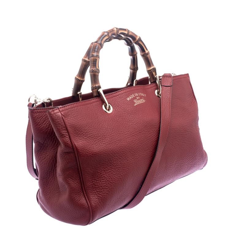 Pre Owned Gucci Red Leather Bamboo Top Handle Shopper Tote