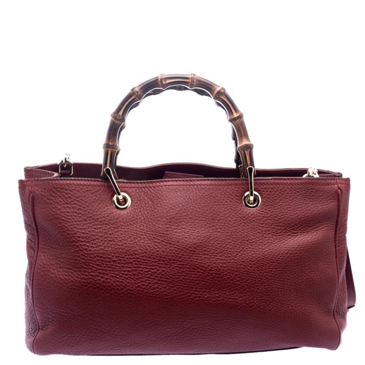 Pre Owned Gucci Red Leather Bamboo Top Handle Shopper Tote