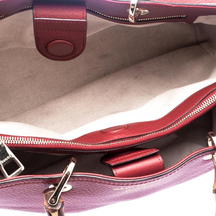 Pre Owned Gucci Red Leather Bamboo Top Handle Shopper Tote