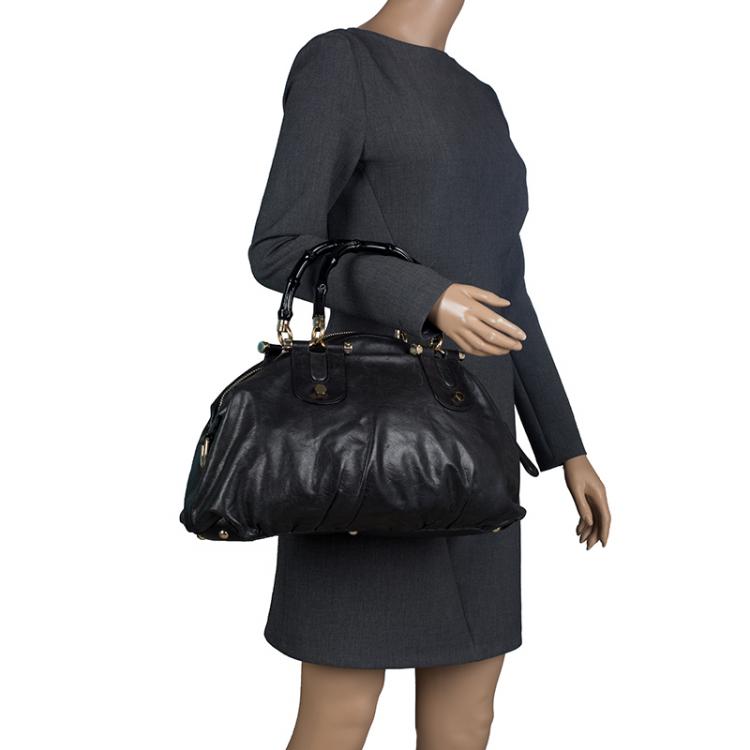 Pre Owned Gucci Black Leather Pop Bamboo Top Handle Bag