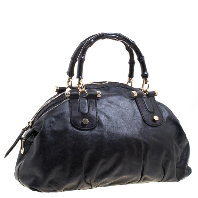 Pre Owned Gucci Black Leather Pop Bamboo Top Handle Bag