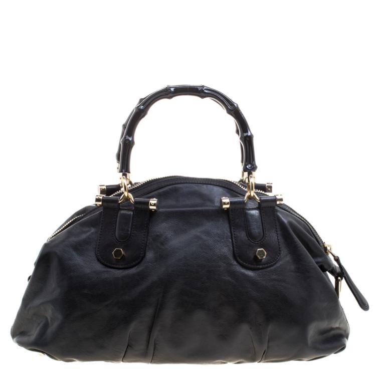 Pre Owned Gucci Black Leather Pop Bamboo Top Handle Bag