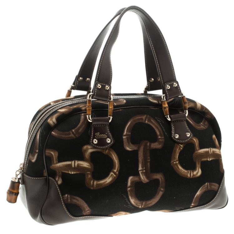 Pre Owned Gucci Dark Brown Bamboo Horsebit Print Canvas Boston Bag