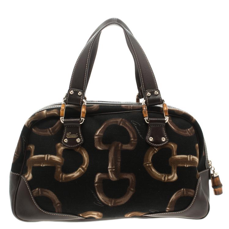 Pre Owned Gucci Dark Brown Bamboo Horsebit Print Canvas Boston Bag