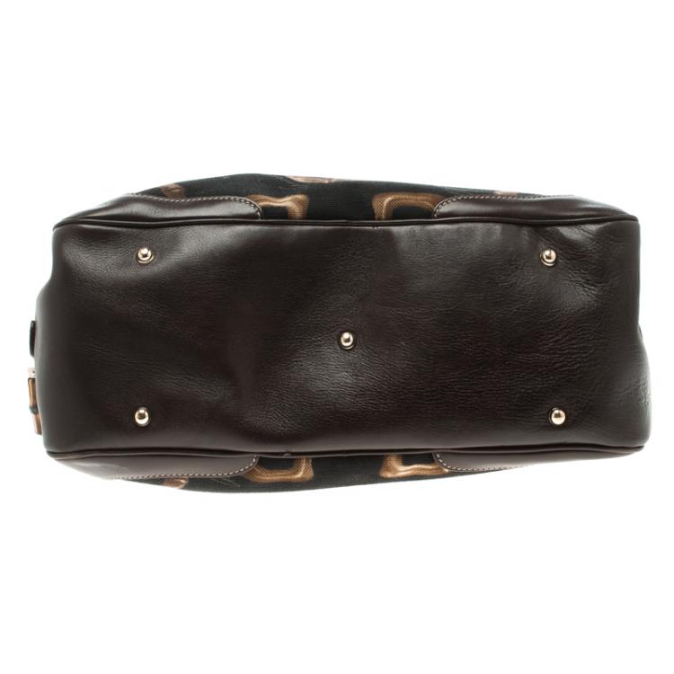 Pre Owned Gucci Dark Brown Bamboo Horsebit Print Canvas Boston Bag