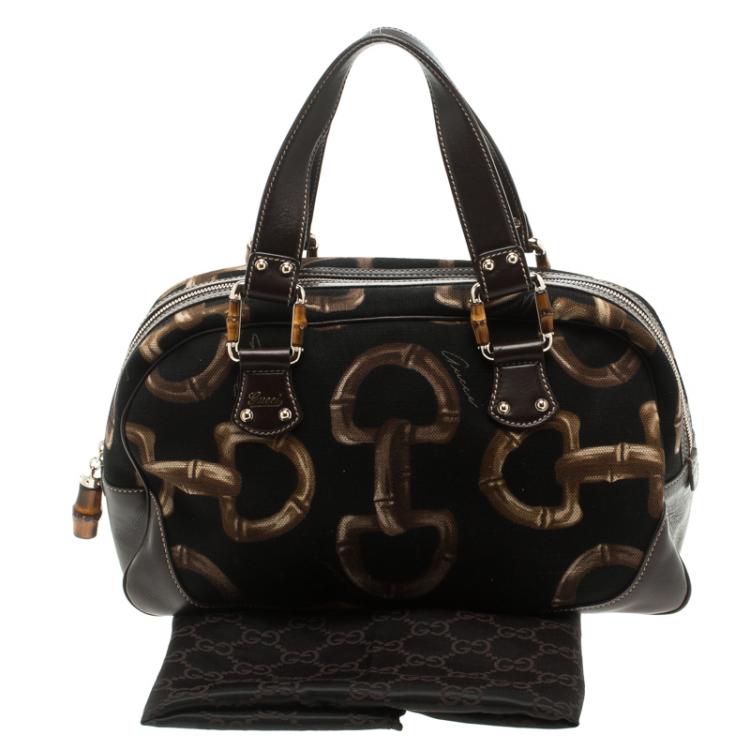 Pre Owned Gucci Dark Brown Bamboo Horsebit Print Canvas Boston Bag