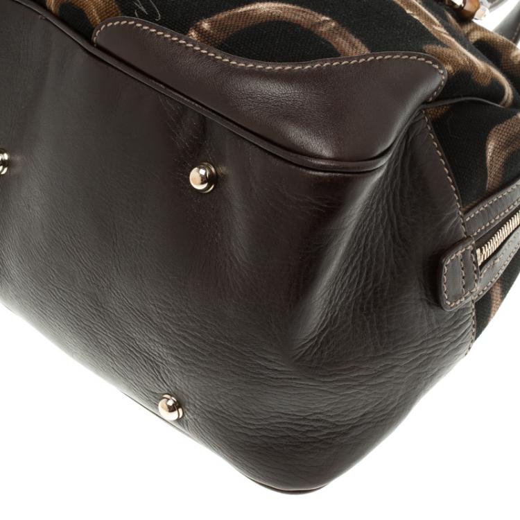 Pre Owned Gucci Dark Brown Bamboo Horsebit Print Canvas Boston Bag
