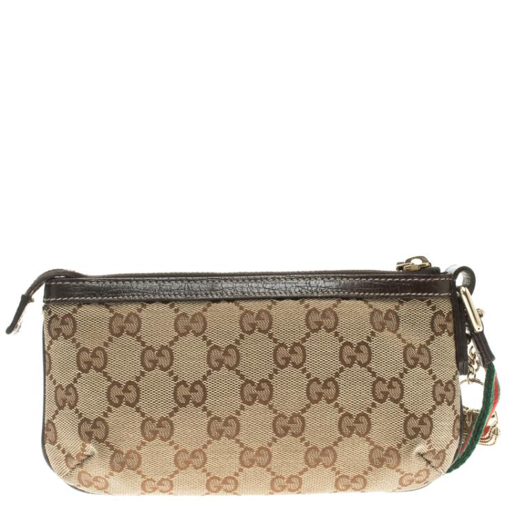 Pre Owned Gucci Beige/Brown GG Canvas Charm Wristlet Pouch
