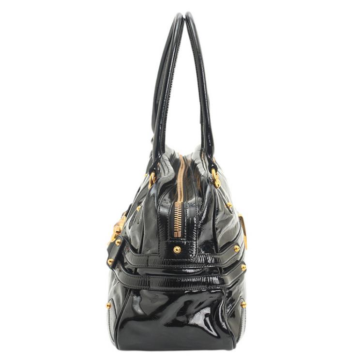 Pre Owned Gucci Black Patent Leather Wave Boston Bag