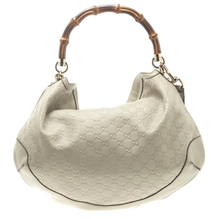 Pre Owned Gucci Off White Guccissima Leather Peggy Bamboo Top Handle Bag