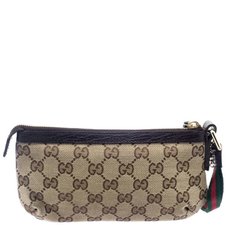 Pre Owned Gucci Beige/Brown GG Canvas Charm Wristlet Pouch