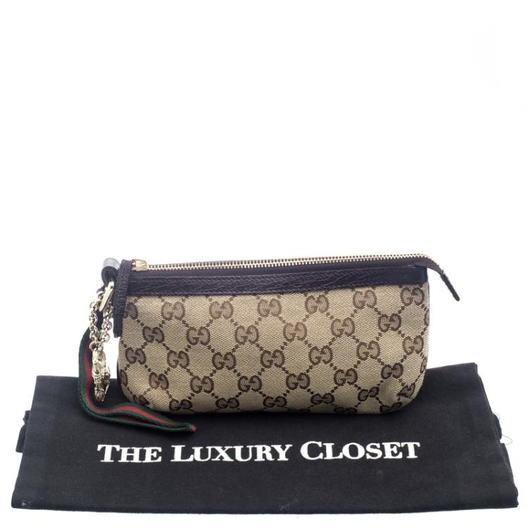 Pre Owned Gucci Beige/Brown GG Canvas Charm Wristlet Pouch