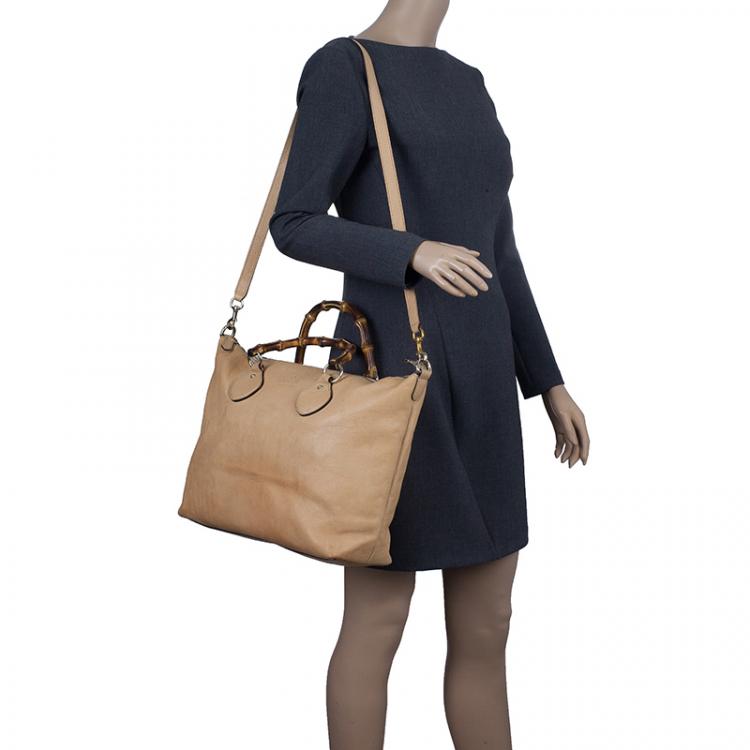 Pre Owned Gucci Beige Leather Medium Bamboo Shopper Tote