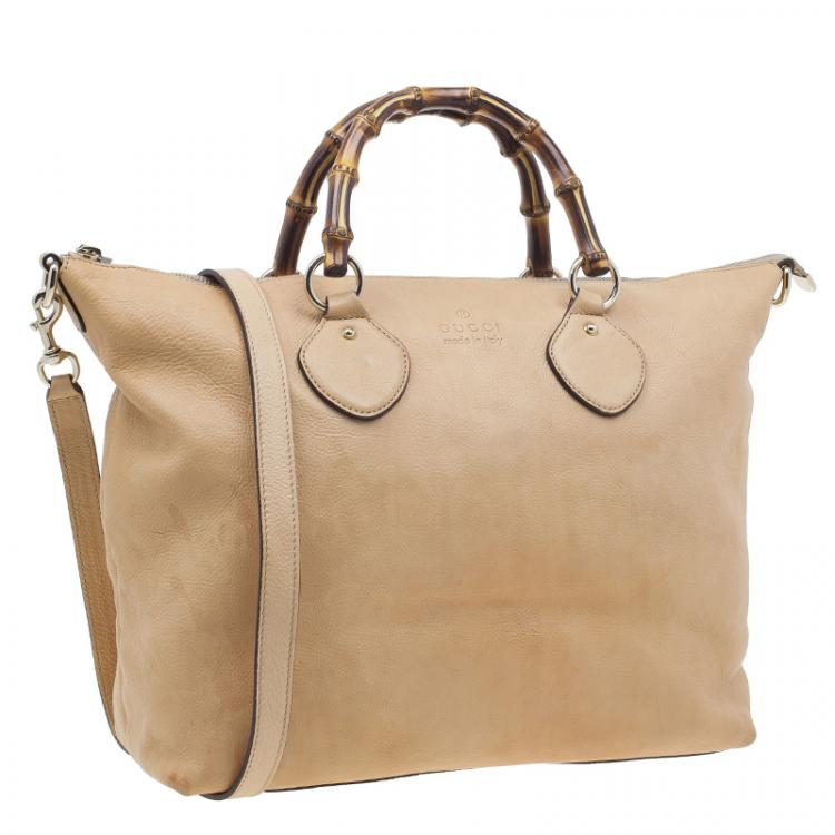 Pre Owned Gucci Beige Leather Medium Bamboo Shopper Tote