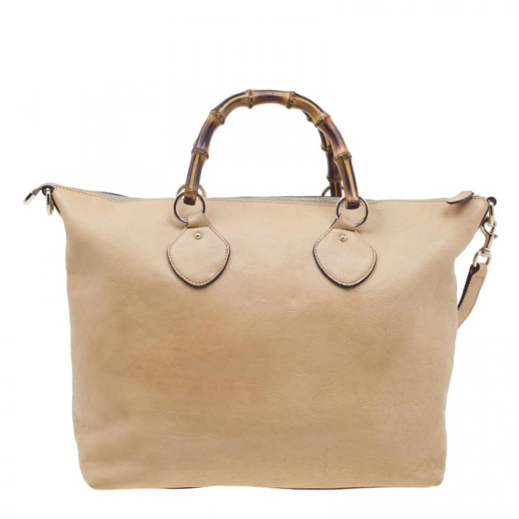 Pre Owned Gucci Beige Leather Medium Bamboo Shopper Tote